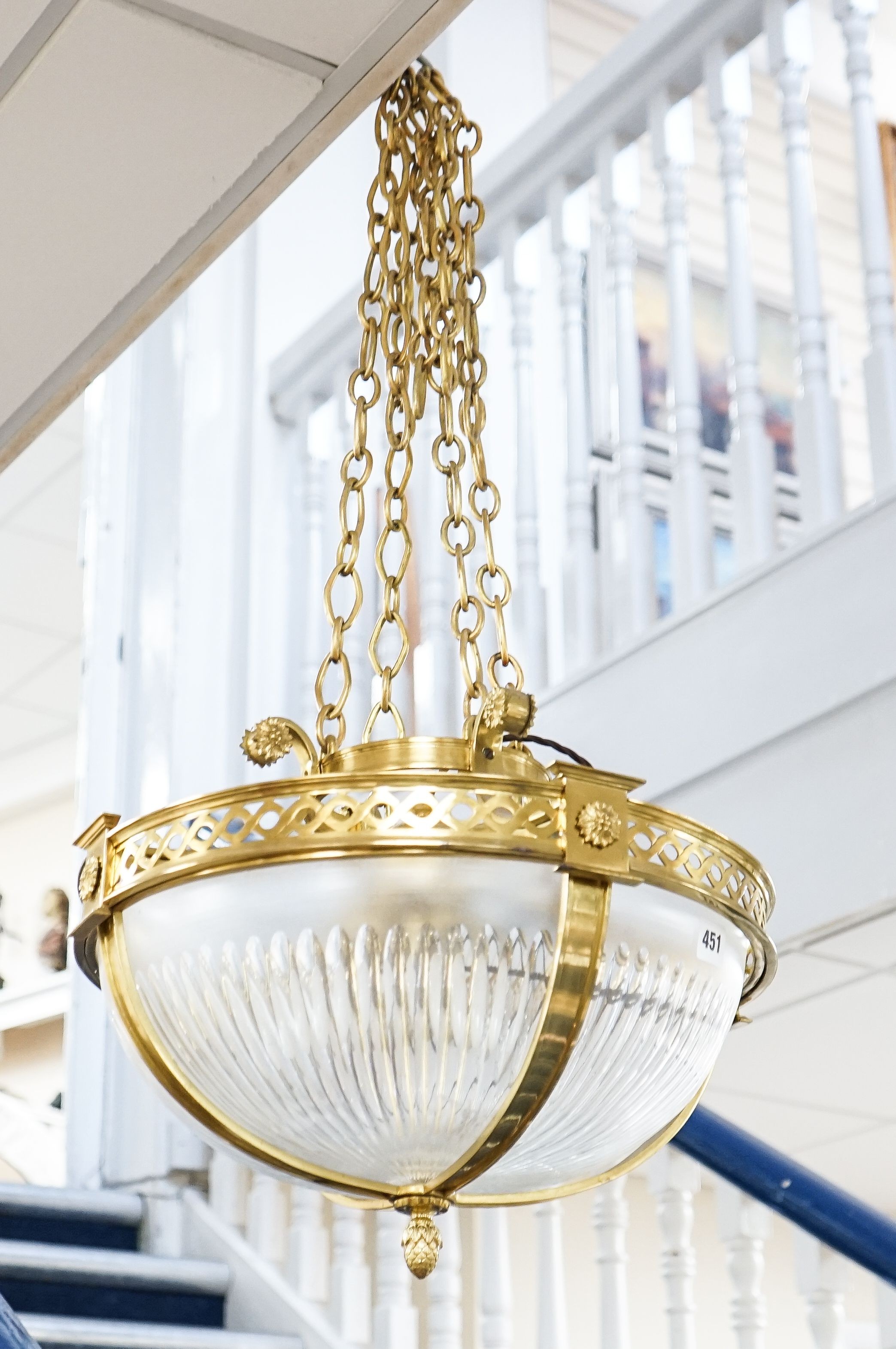 An Edwardian neoclassical cut glass and brass plafonnier ceiling light, 41 cm wide